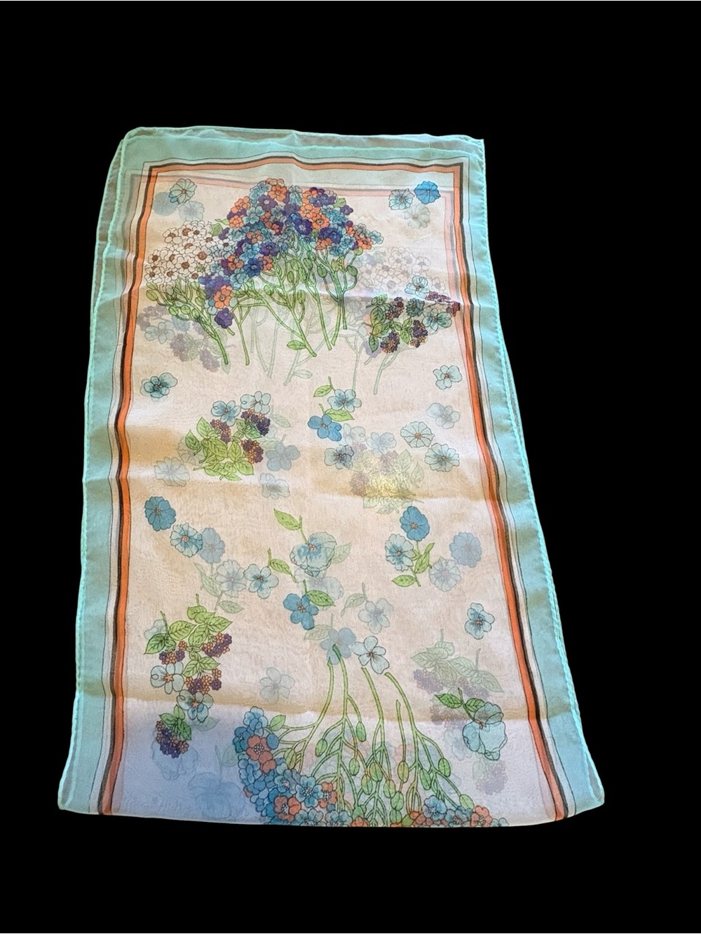 Vintage Floral Oblong Scarf Pastel Blue Sheer Cottagecore Retro Neck Scarf